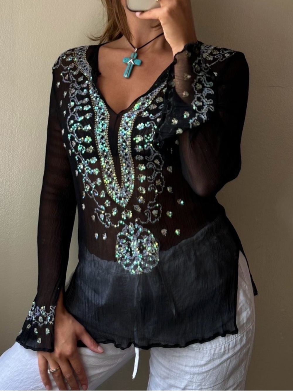 VENUS Black Sheer Blouse with Teal & Light Blue Embroidery